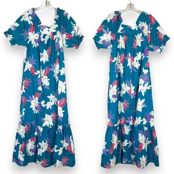 Vintage Hawaiian Maxi Dress Mumu Muumuu Floral Blue Pink White - Picture 11 of 11